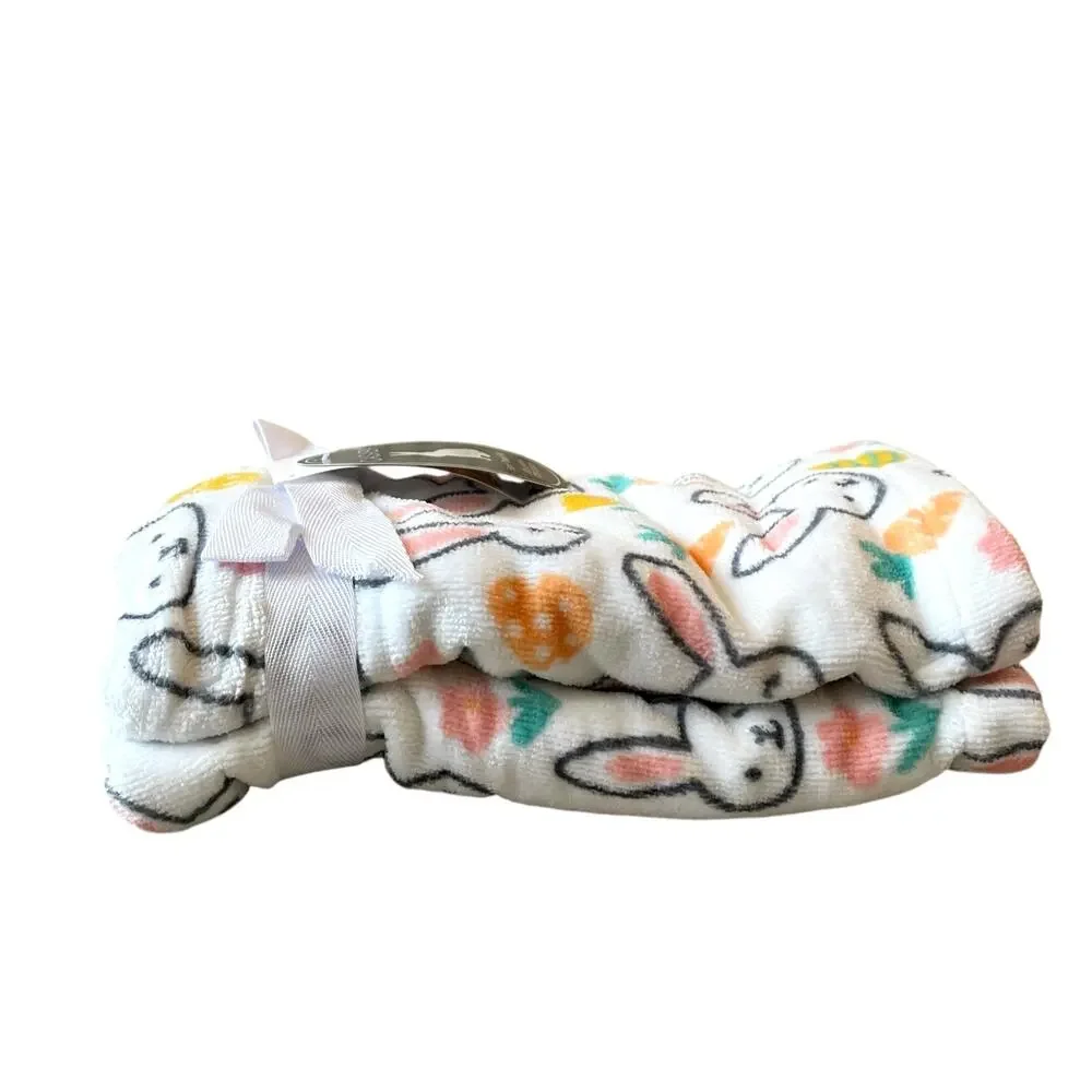 Set of 2 Casaba Easter Bath Hand Towels Multicolor  Bunnies Carrots Eggs New